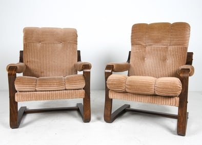 PAIR DANISH BEECH CANTILEVER LOUNGE CHAIRS 1970S