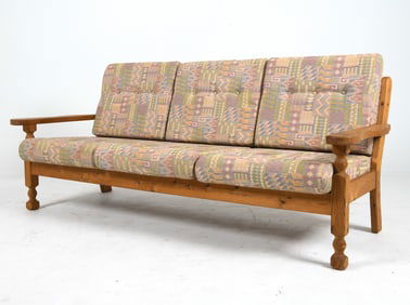 STYLE OF HENNING KJAERNULF OAK & WOOL SOFA C.1960S