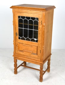 DANISH OAK & LEADED GLASS CABINET C. 1970S