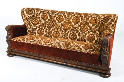DANISH ART DECO OAK & VELVET SOFA C. 1950S