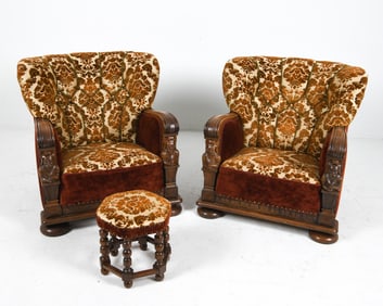 DANISH ART DECO OAK & VELVET LOUNGE CHAIRS