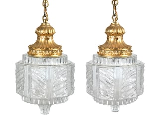PAIR VITRIKA STYLE GLASS & BRASS PENDANT LIGHTS