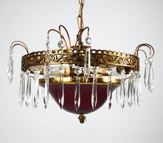 SCANDINAVIAN BRASS & GLASS CHANDELIER C. 1950S