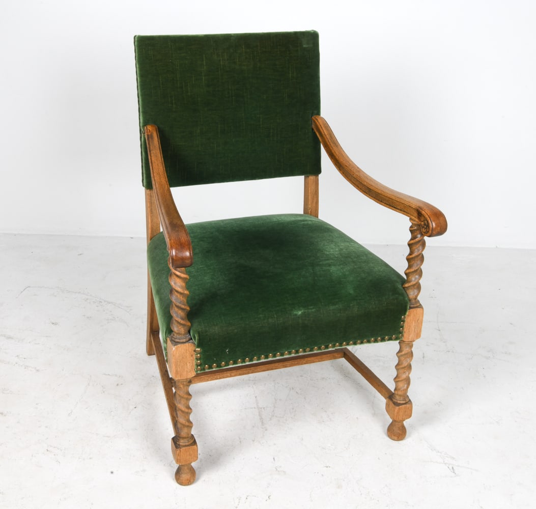 DANISH OAK & MOHAIR ARMCHAIR C. 1950S: Oak frame with barely twist turned legs. Green mohair upholstery. Denmark, circa 1950s. Dimensions: H 39" x W 26.5" x D 24" x SH 18". Condition: Minor scuffs and rubs to wood. Wear consistent with age