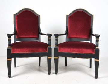 PAIR EMPIRE STYLE EBONEZED MOHAIR ARMCHAIRS