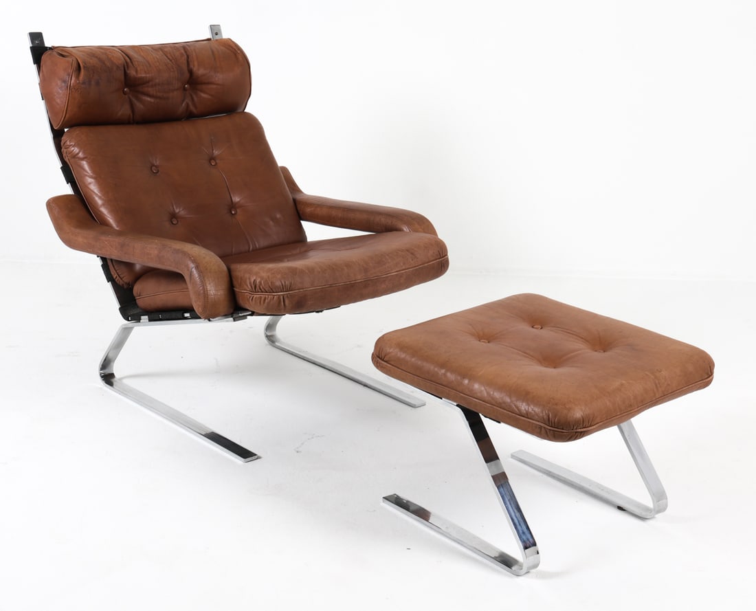 RIENHOLD ADOLF LEATHER & CHROME CHAIR & OTTOMAN