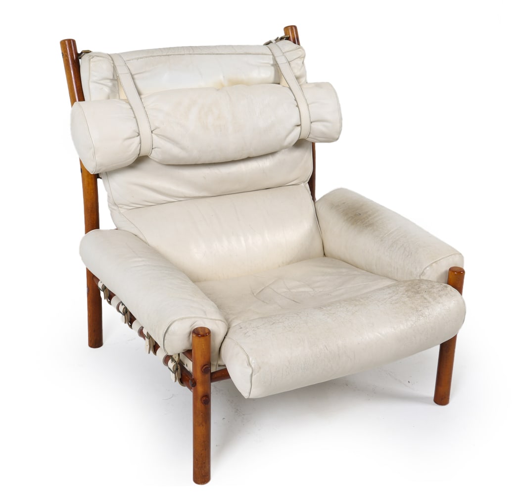 ARNE NORELL "INCA" LEATHER LOUNGE SAFARI CHAIR: Designed by Arne Norell and produced by Norell M?bel AB in Aneby, Sweden. Beech frame with white leather upholstery and straps. Sweden, circa 1960s. Dimensions: H 36" x W 34.5" x D 35" x SH 16". Condi