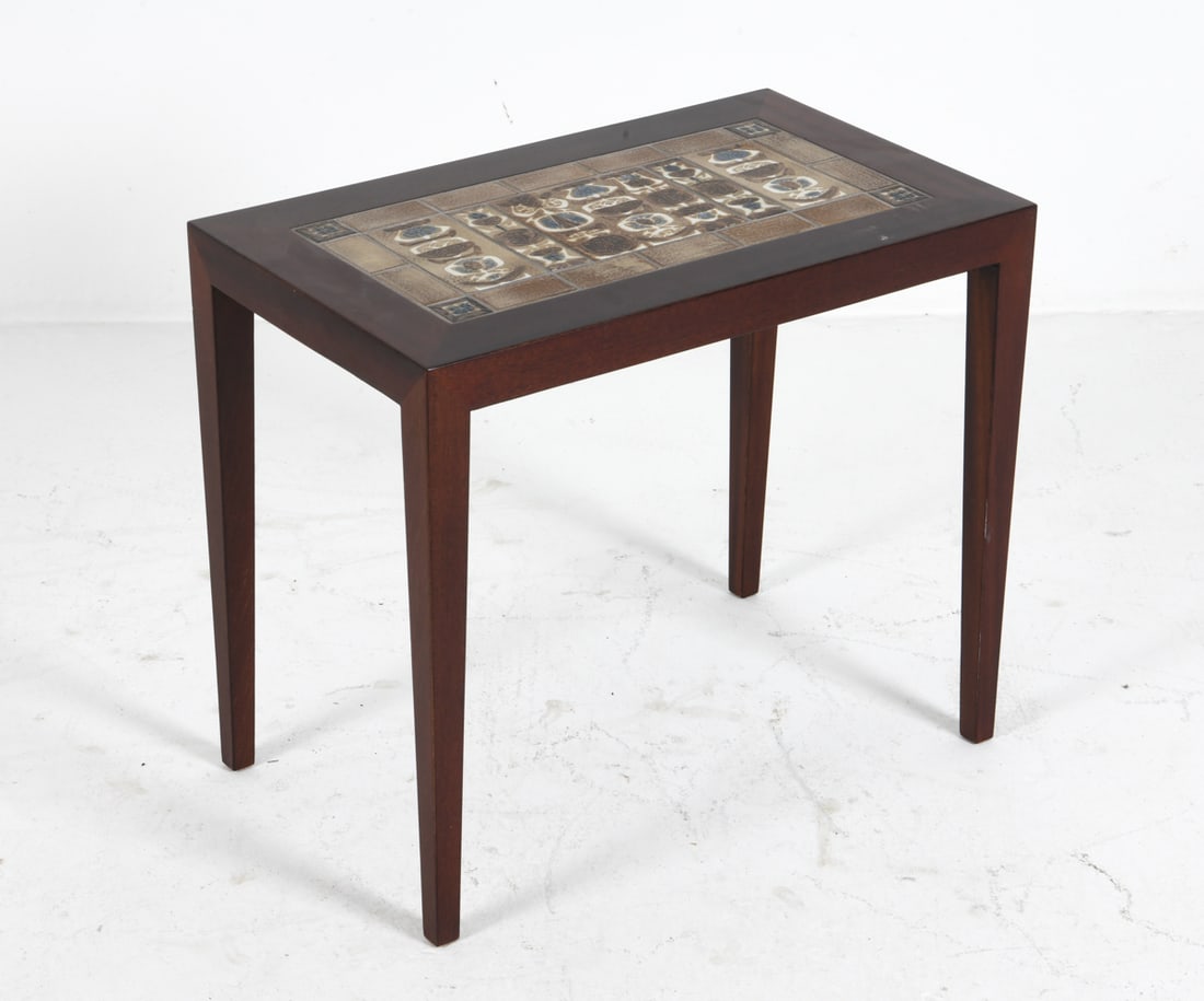 SEVERIN HANSEN BEECH & TILE SIDE TABLE C. 1960S: Beech side table by Severin Hansen with Royal Copenhagen tiles. Denmark, circa 1960s. Dimensions: H 19.75" x W 23" x D 14". Conditions: Wear consistent with age and use, including rubs and scuffs.