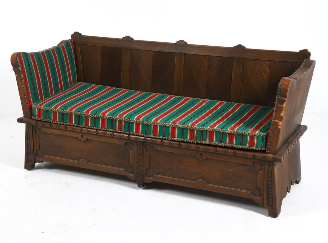 ANTIQUE EUROPEAN CARVED OAK SETTLE DAYBED 19TH C. (1 of 12)