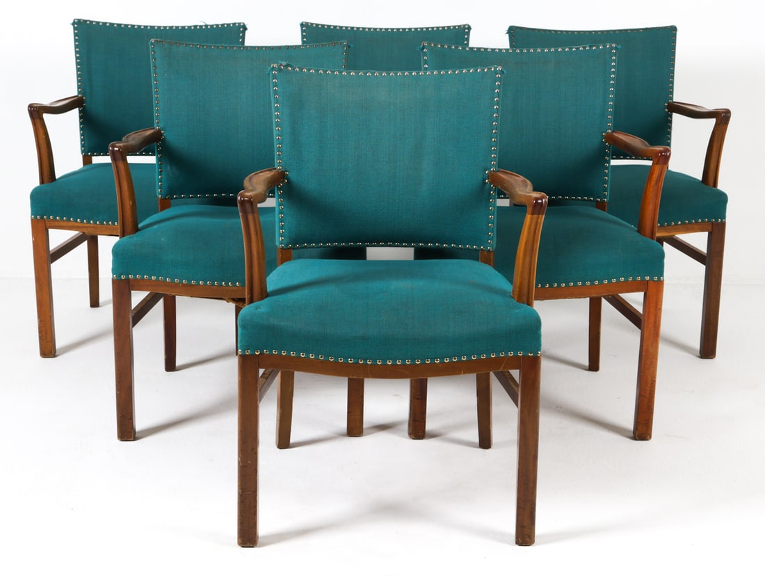 (6) KAARE KLINT STYLE DANISH BEECH ARMCHAIRS: Beech frames with blue wool upholstery. Denmark, circa 1950s. Dimensions: H 33.75" x W 23.75" x D 24" x SH 18". Conditions: Wear consistent with age and use, scuffs and dings to legs and armrest. Mino
