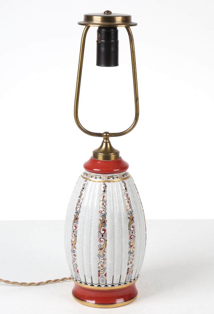DAHL JENSEN DANISH CERAMIC TABLE LAMP C. 1950S: Stamped under base. Denmark, circa 1950s. Dimensions: H 22" x Dia. 6". Condition: Wiring untested, cord cut. Wear consistent with age and use. E223