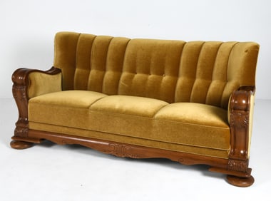 DANISH ART DECO OAK & VELOUR SOFA C. 1940S