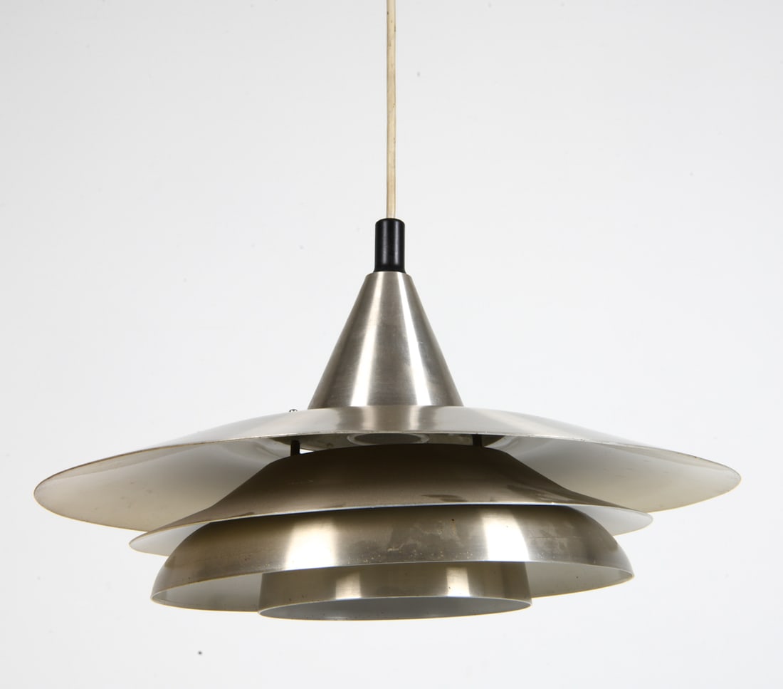 STYLE OF LYSKAER DANISH PENDANT LIGHT C. 1970S: Brushed metal with layered shades. Denmark, circa 1970s. Dimensions: H 9" x Dia. 15.5". Condition: Wear consistent with age and use. Minor scuffs to shades. Fixture tilting at an angle.