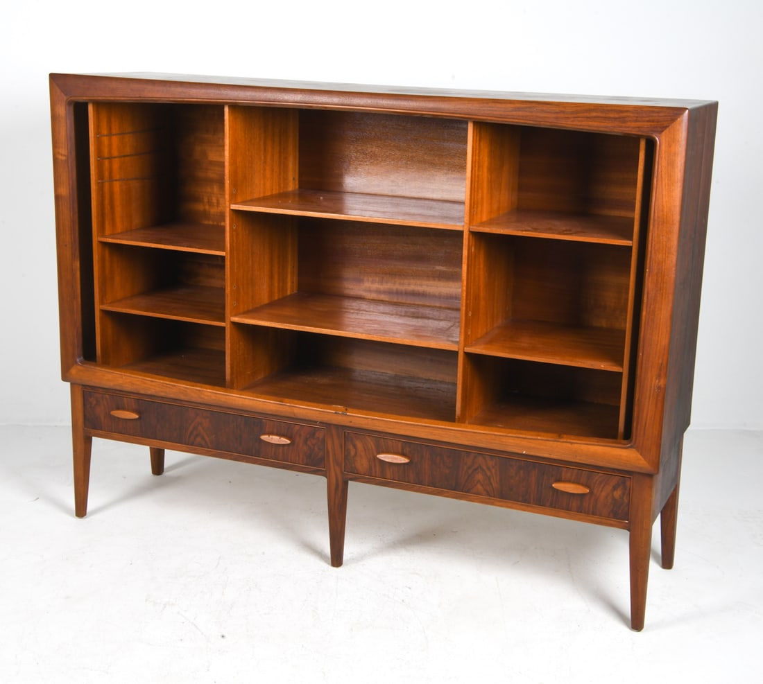 DANISH ROSEWOOD SIDEBOARD FOR REPAIR: Dimensions: H 49.5" x W 66" x D 17" Condition: Wear consistent with age and use including faint rubs and dings. Missing doors and 3 interior shelves. DMS092 1960 mahogany