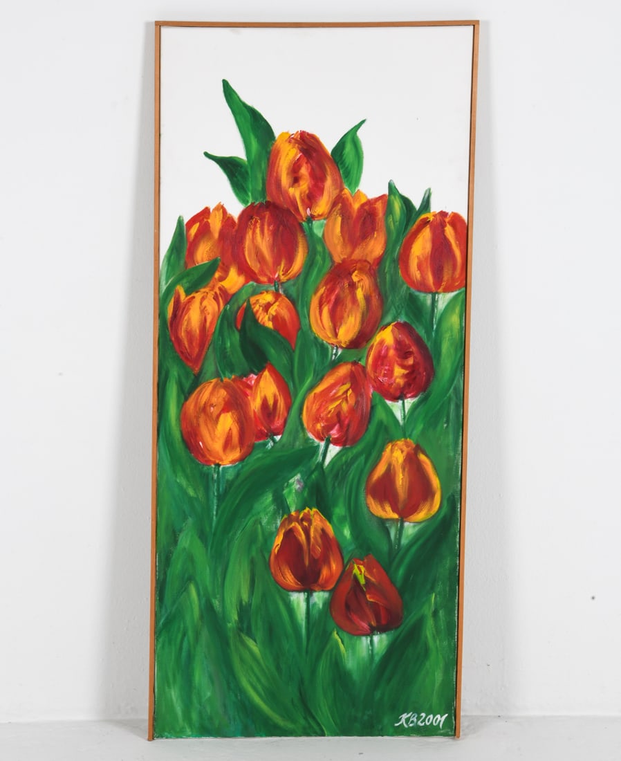 STILL LIFE FLOWERS A/C 2001: Signed and dated to lower right corner, KB 2001. Dimensions: Frame H 56" x W 24.5". Canvas H 55" x W 23.75". Condition: Missing part of frame. Minor scuffs to frame. Wear consistent with age and displ