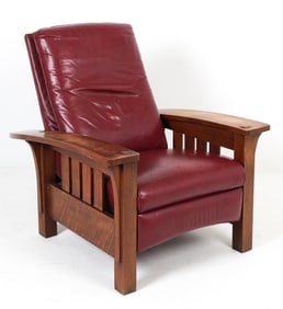 STICKLEY MORRIS OAK & LEATHER RECLINING ARMCHAIR