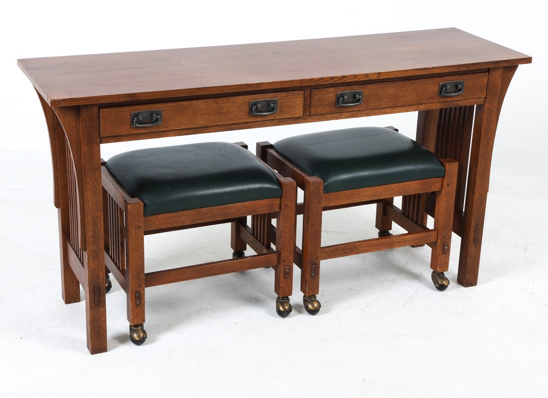 STICKLEY OAK HALL CONSOLE & PAIR OF STOOLS (1 of 20)