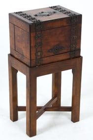 ANTIQUE LOCK BOX ON STAND 19TH C.