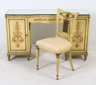 FRENCH STYLE PAINT DECORATED VANITY & SIDE CHAIR