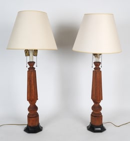PAIR OF LOUIS XIII STYLE OAK COLUMN TABLE LAMPS
