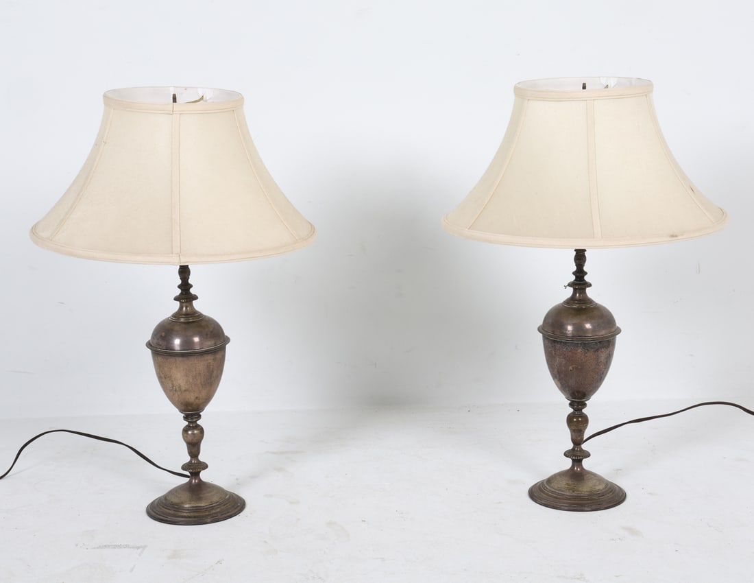 PAIR ANTIQUE SILVERPLATE URN TABLE LAMPS (1 of 14)