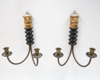 PAIR OF BRASS & WOOD CANDLE WALL SCONCES