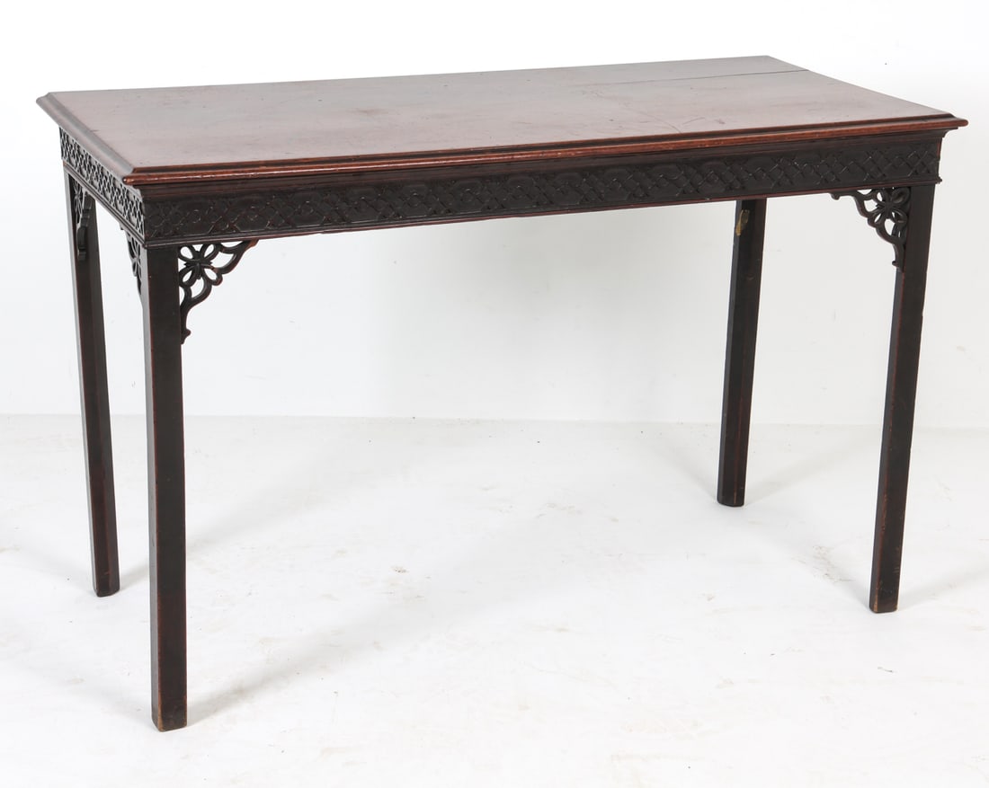 CHINESE CHIPPENDALE CHINOISERIE CONSOLE TABLE: Dimensions: H 33.5" x W 52.5" x D 23.75". Condition: Scuffs and rubs to edges. Minor losses to decorative carvings in corners of legs. Wear consistent with age and use.