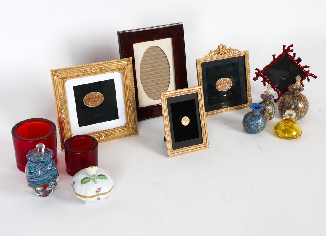 VINTAGE DECORATIVE GROUPING: Grouping of vintage decorative items including perfume bottles and several picture frames, including Addison Ross London. Dimensions: Largest Frame H 8" x W 6.75". Large Glass Candleholder H 3.25" x D