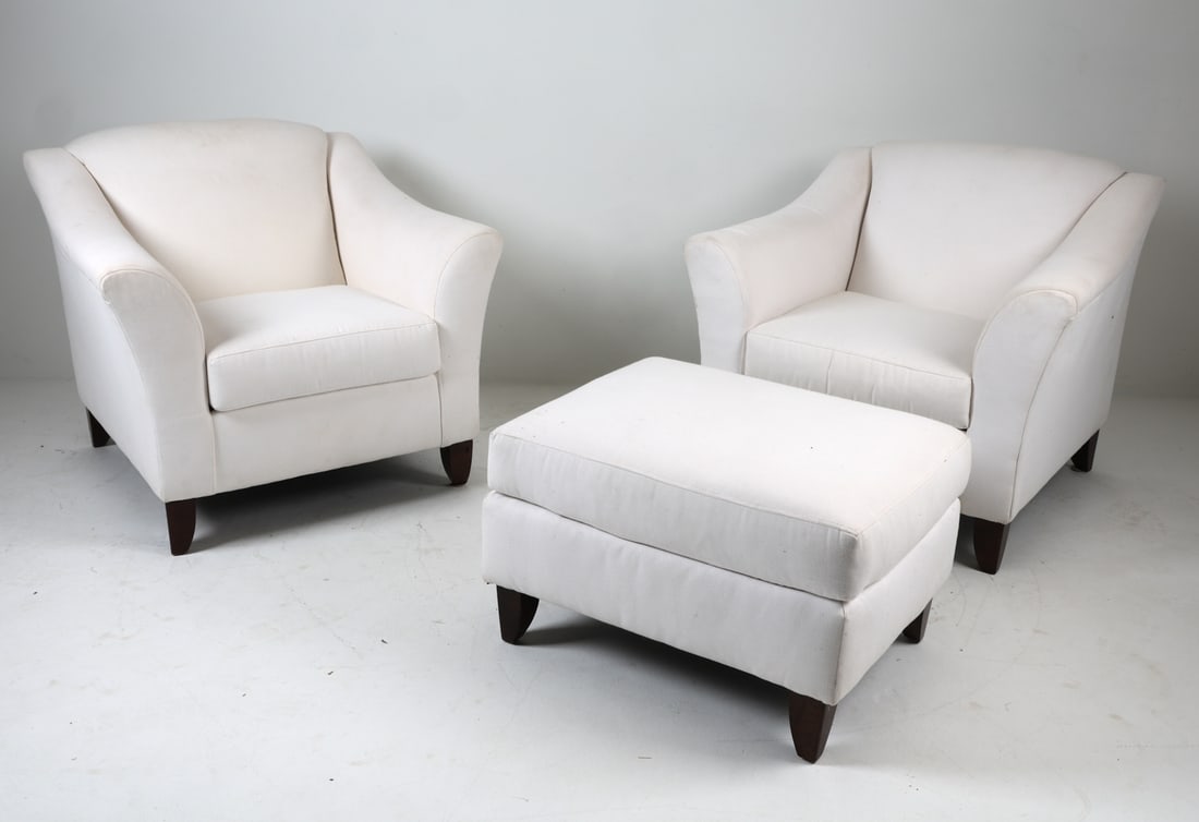 PAIR OF CONTEMPORARY CLUB CHAIRS AND OTTOMAN: Dimensions: H 36" x W 40" x D 36" x SH 21". Condition: Few discolored scuffs to fabric.