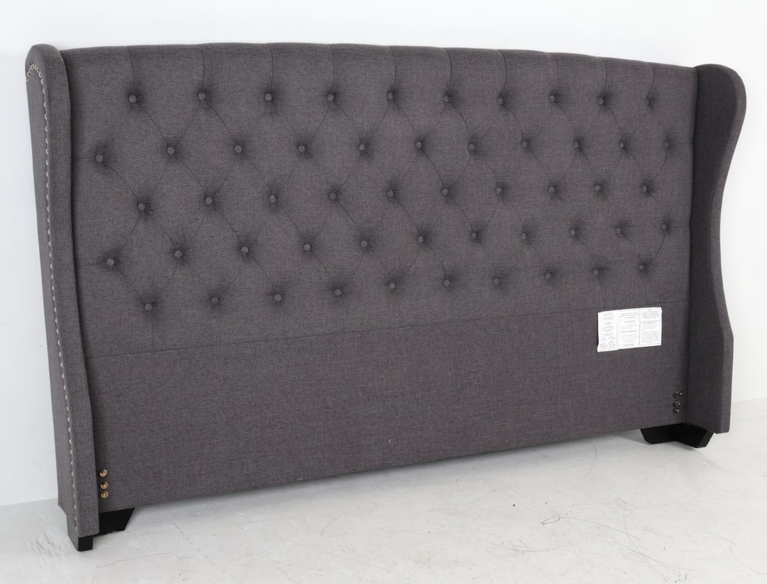 TUFTED KING SIZE UPHOLSTERED HEADBOARD: Dimensions: H 48" x W 83" x D 4". Condition: Minor rubs to fabric.