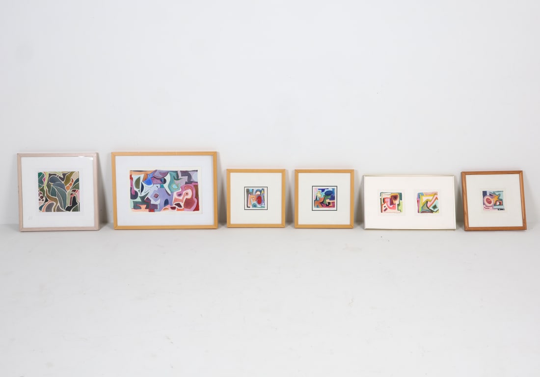 LAYNE (20TH C.) ABSTRACT WATERCOLOR GROUPING: Grouping of watercolor paintings by Connecticut artist Layne. Labeled on backs. Signed to front lower right. Dimensions: Largest Frame H 17" x W 23.25". Sight H 10.75" x W 16.75". Condition: Not exami