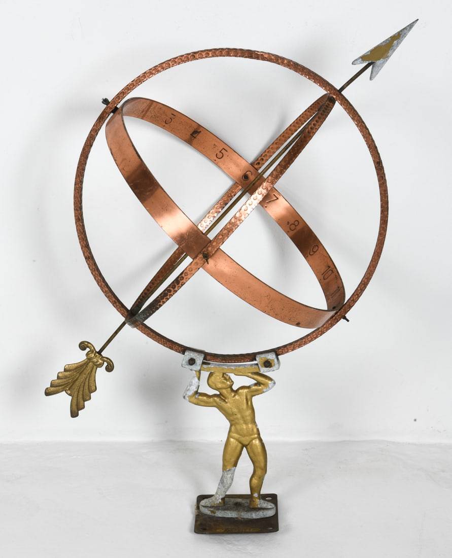 SWEDISH GARDEN ARMILLARY SPHERE SUNDIAL: Copper, aluminum, and iron armillary sphere depicting Atlas holding up the world. Mid 20th century. Dimensions: H 36" x Dia. 34". Condition: Scuffs and rubs, some oxidation. Wear consistent with outdo
