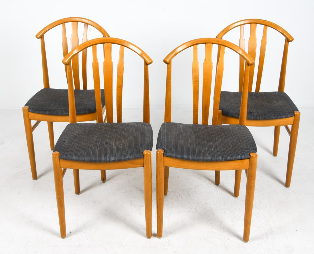 (4) CARL-EWERT EKSTROM SWEDISH BEECH DINING CHAIRS: Beech frames with wool fabric upholstered seats. Apparently unmarked. Sweden, circa 1960s. Dimensions: H 33.25" x W 17.25" x D 17.5" x Sh 17.75" Condition: Wear consistent with age and use including f