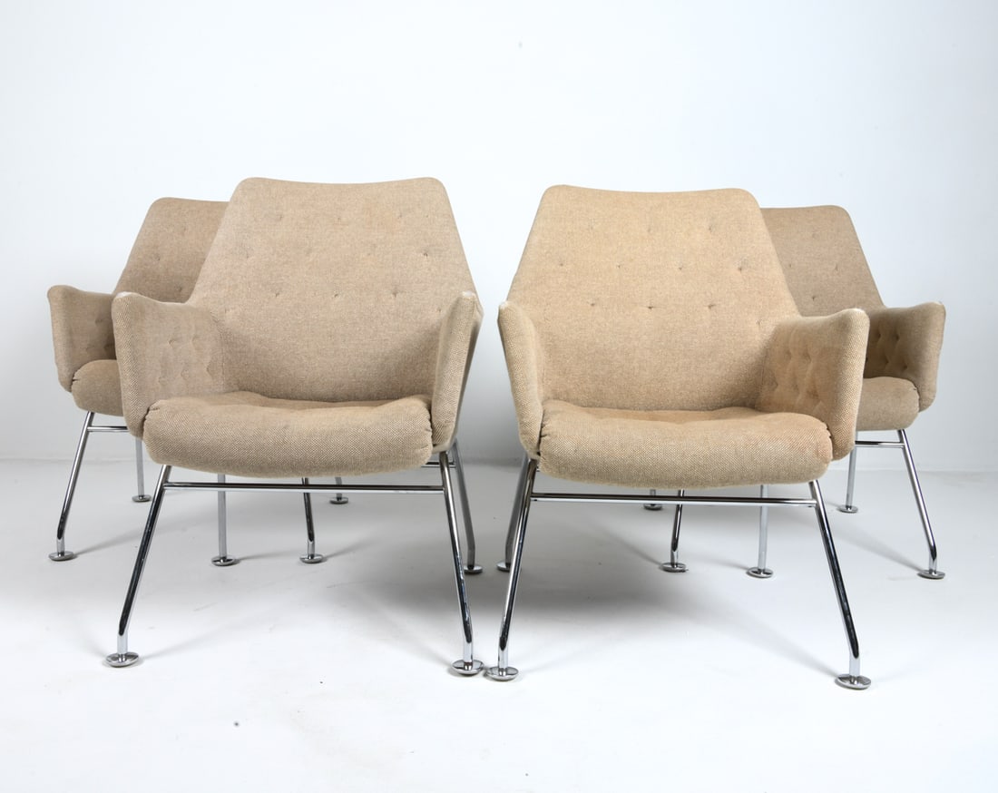 (4) BRUNO MATHSSON DUX "MIRJA" LOUNGE CHAIRS 1970S: Wool upholstery with steel legs. Marked to fabric lining underneath. Sweden, circa 1970s. Dimensions: H 32.5" x W 23.75" x D 24" x Sh 15.25". Condition: Wear consistent with age and use. Soiling and t
