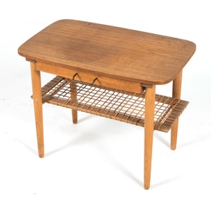 MID-CENTURY SWEDISH TEAK & RATTAN SIDE TABLE 1950S