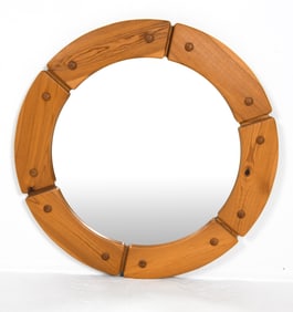 SWEDISH PINE ROUND WALL MIRROR C. 1970S