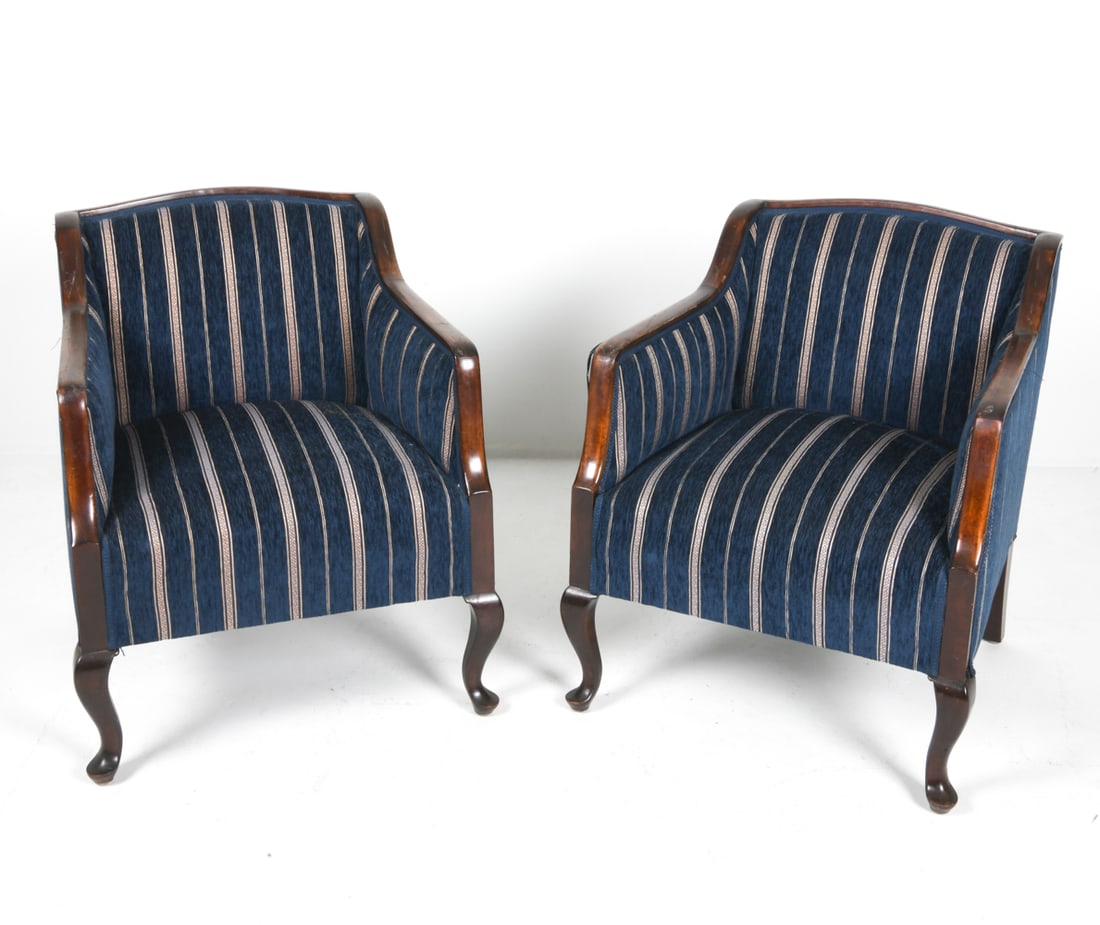 PAIR OF SCANDINAVIAN ART DECO LOUNGE CHAIRS: With striped silk upholstery. Scandinavian, circa 1940s. Dimensions: H 31" x W 25.5" x D 28" x Sh 16.75". Condition: Wear consistent with age and use including dings and rubs, loosening of fabric trim