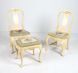 PAIR OF SWEDISH PAINTED PINE CHAIRS & OTTOMAN
