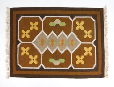 HANDVAVD ROLLAKAN SWEDISH WOOL RUG C. 1970S
