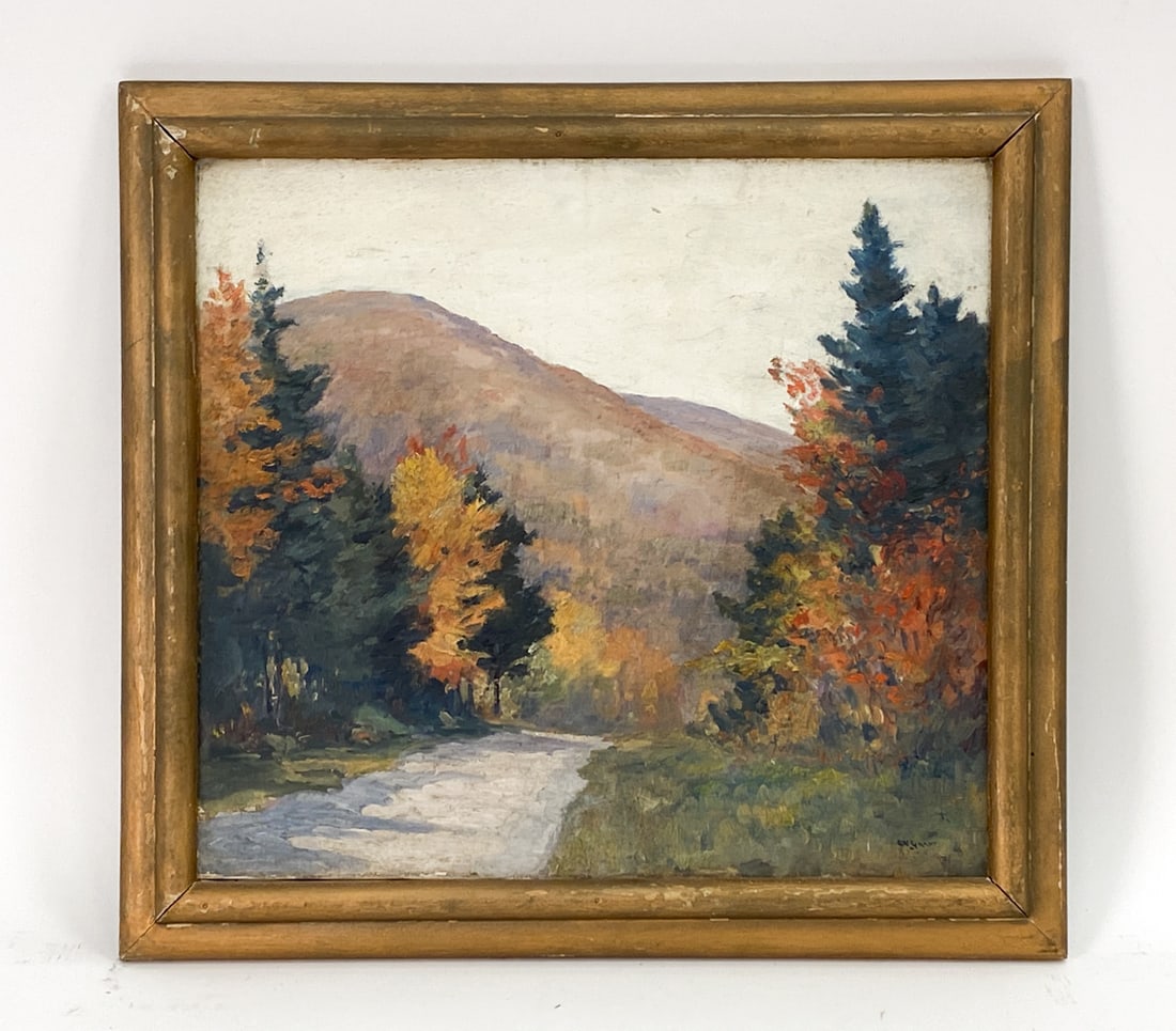 ANTIQUE MOUNTAIN LANDSCAPE OIL ON CANVAS PAINTING: Colorful scenic painting with trees and a mountain peak. Indistinctly signed lower right. Dimensions: (Frame) H 22" x W 23.5" (Canvas) H 18" x W 19.5" Condition: Nicks, scuffs to framer. Light rubbing