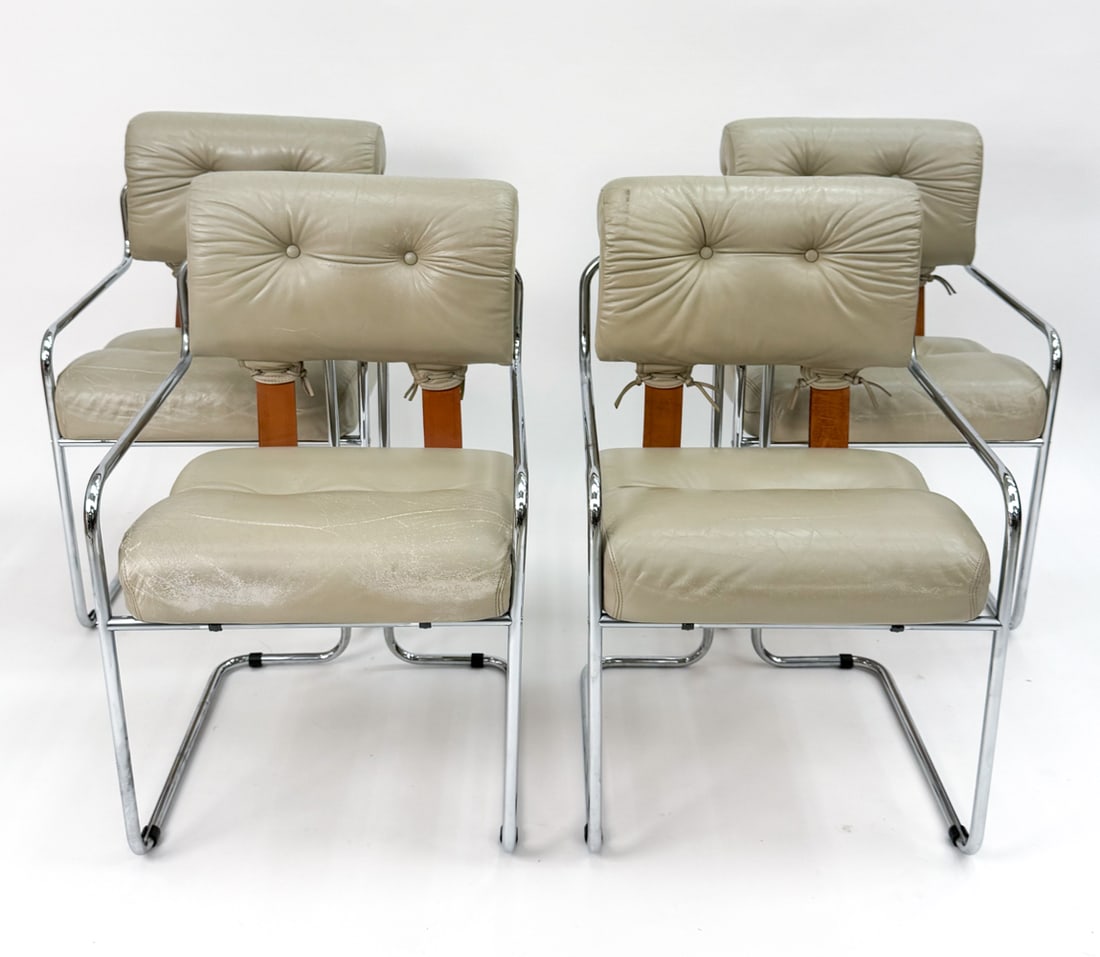(4) GUIDO FALESCHINI "TUCROMA" CHROME CHAIRS: For Pace Collection. Leather upholstered seat. circa 1970s. Dimensions: H 32.5" x W 20.5" x D 22.5" x SH 19" Condition: Creasing to leather surface. Minor rubs and scuffs. Wear consistent with age and