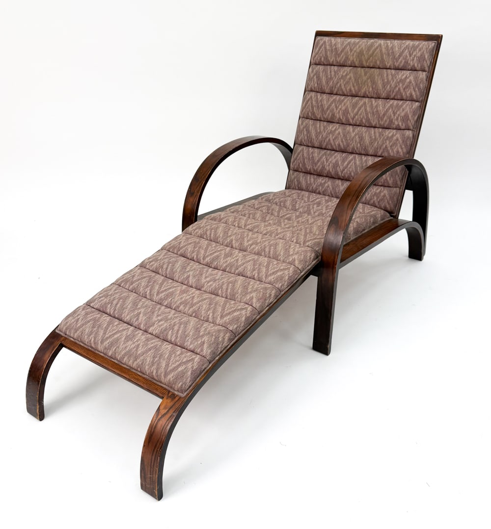 WARD BENNETT CHAISE LOUNGE CHAIR C. 1980S: For Brickel Associates. Ash lounge chair with an adjustable back and channeled upholstery. Tagged underneath. USA, circa 1980s. Dimensions: H 33.5" x W 60" x D 24.5" Condition: Minor nicks and dings.
