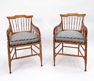 PAIR OF CHIPPENDALE STYLE PINE & RATTAN CHAIRS