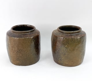 PAIR OF ALKALINE GLAZED STONEWARE JARS