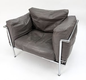 LE CORBUSIER STYLE LEATHER & STEEL LOUNGE CHAIR