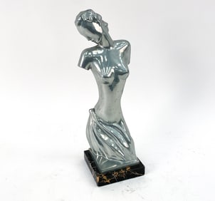 ART DECO ALUMINUM NUDE SCULPTURE ON MARBLE