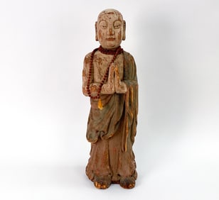 ANTIQUE HAND-CARVED WOODEN MONK SCULPTURE