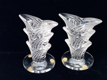 PAIR OF LALIQUE "BANIANS" CRYSTAL CANDLE HOLDERS
