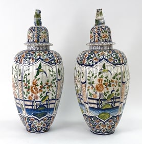 PAIR OF DELFT STYLE ITALIAN CERAMIC URNS