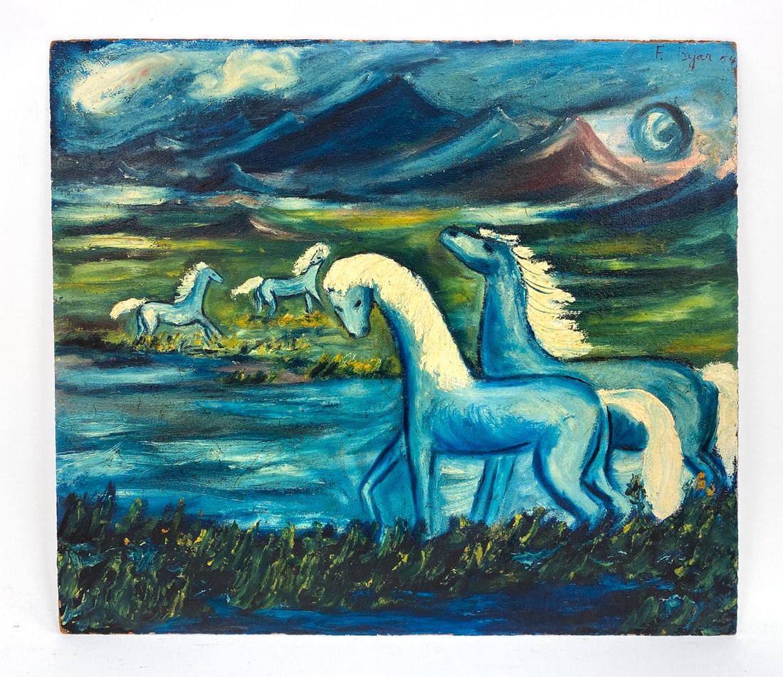 FELICIANO BEJAR (MEXICAN, 1920-2007) O/B: Mythical Landscape featuring four blue horses. Signed and dated 54' upper right. Oil on masonite. Dimensions: H22.5" x W 26" Condition: Wear consistent with age. Loss to edges. Soiling to back.